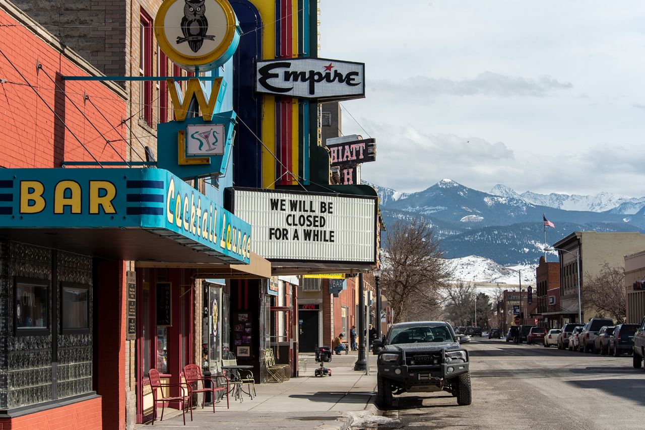 The Empire Twin Theatre displays a message in Livingston, Montana after?Governor Steve Bullock order the closing of restaurants, bars, and theaters on March 20.