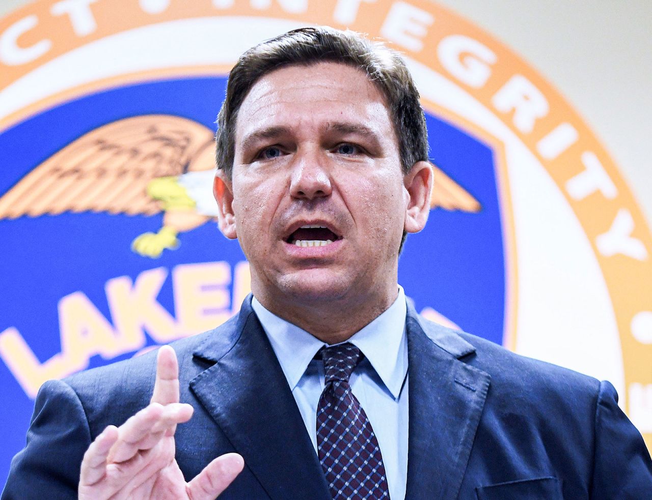 Florida Gov. Ron DeSantis speaks at a press conference in Lakeland, Florida, on September 7. 