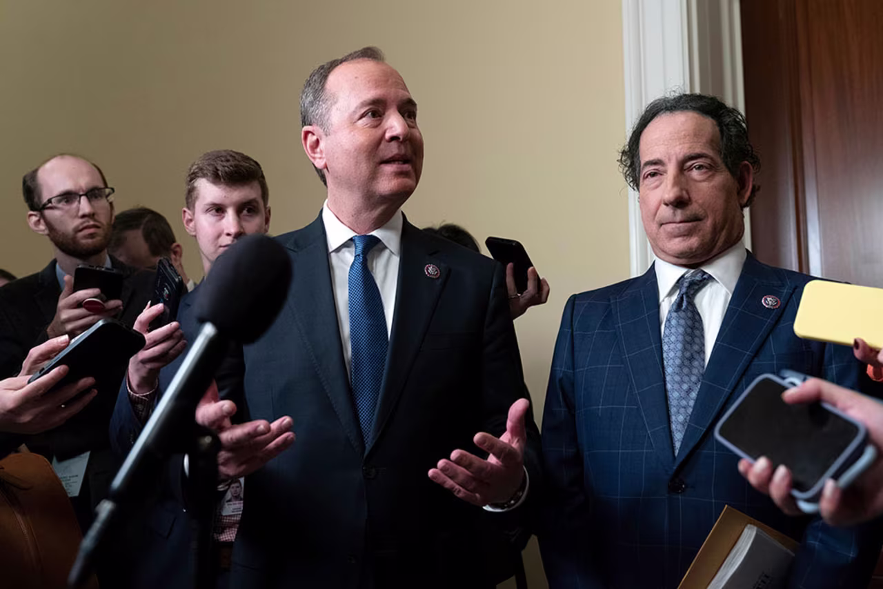 Adam Schiff and Jamie Raskin speak to reporters as they leave the House select committee investigating the January 6 attack on the U.S. Capitol final meeting on Capitol Hill in Washington, DC on Monday, December 19. 
