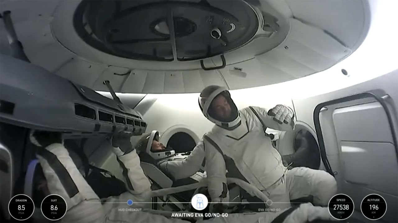 In this screengrab from video, the Polaris Dawn crew is seen inside the SpaceX Dragon capsule before the spacewalk on September 12.