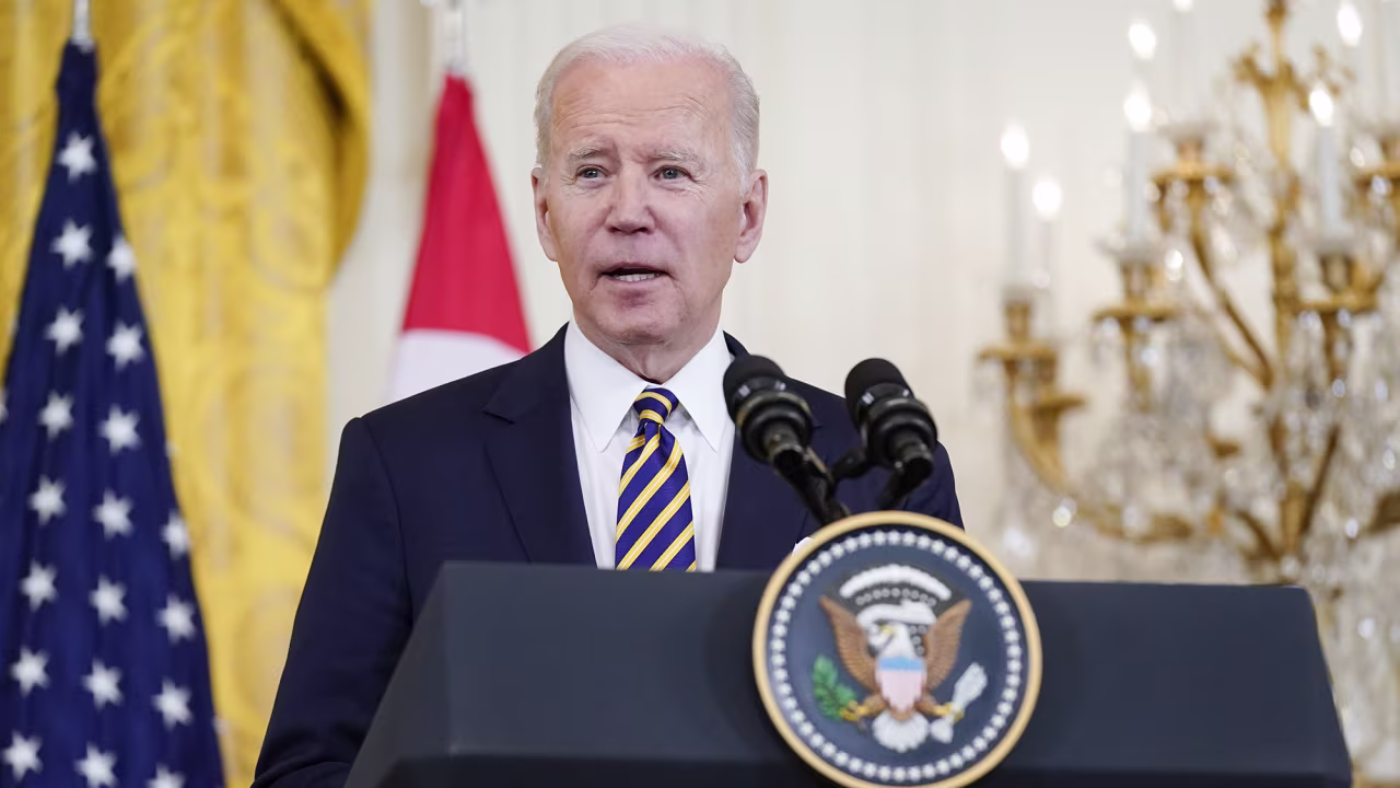 President Joe Biden speaks with the media during a visit by Singapore's Prime Minister Lee Hsien Loong in the East Room of the White House on Tuesday, March 29.