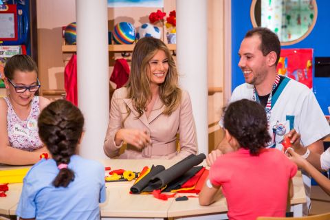 US First Lady Melania Trump meets patients as she visits the Queen Fabiola children's hospital in Brussels in May 2017.