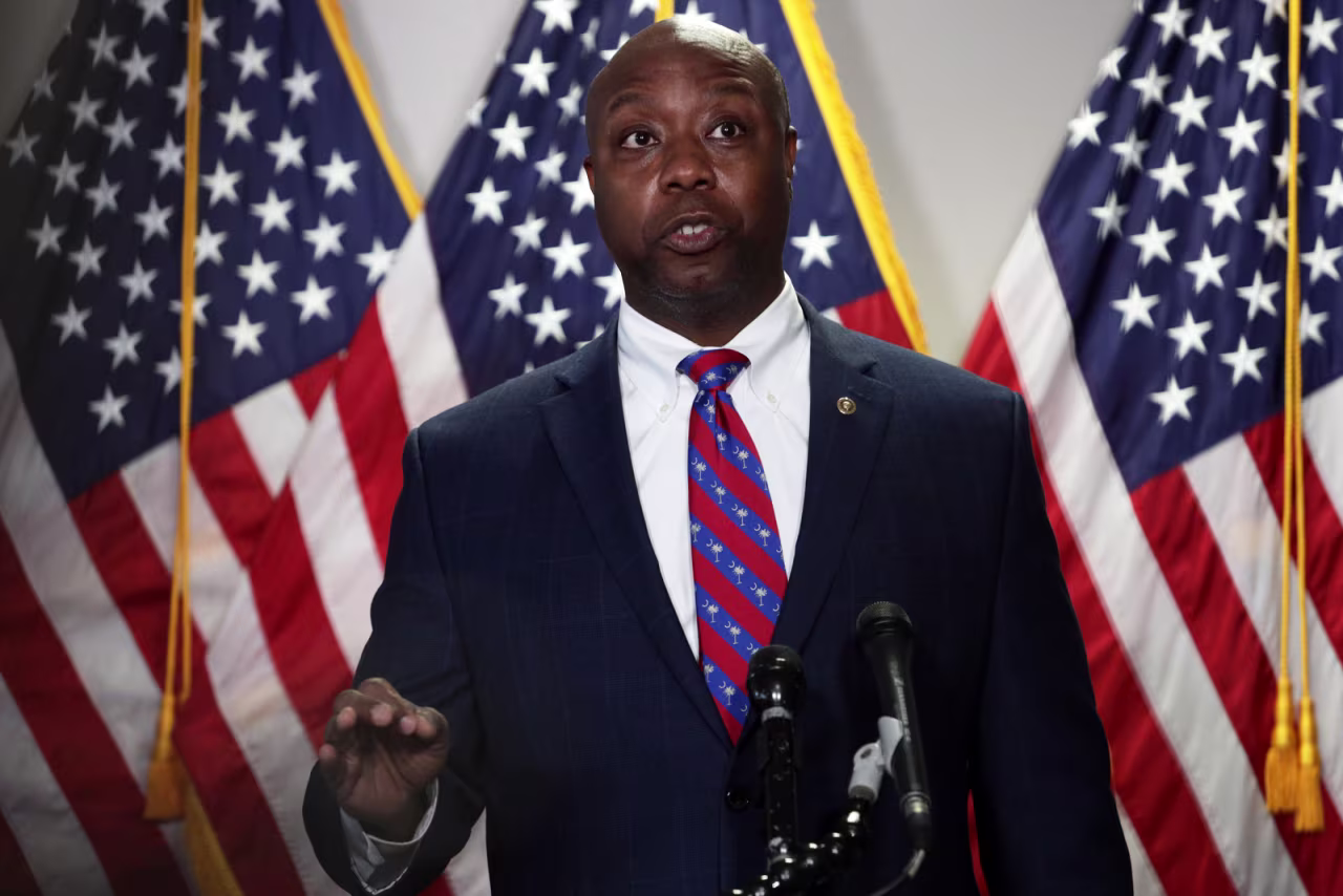Sen. Tim Scott speaks to members of the media after the weekly Senate Republican Policy Luncheon at Hart Senate Office Building on June 23 in Washington.