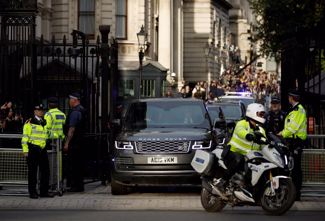 The motorcade transporting the outgoing British Prime Minister Boris Johnson leaves Downing Street, in London, England, on September 6.