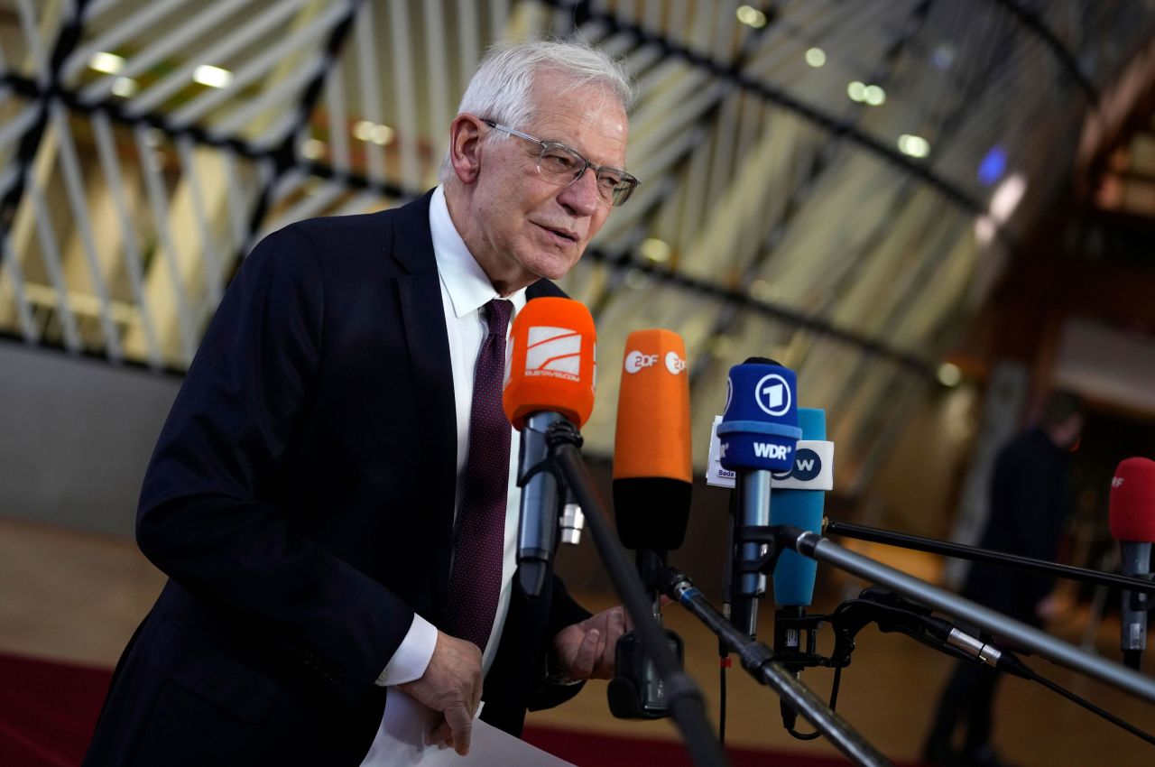 European Union foreign policy chief Josep Borrell speaks with the media in Brussels on Monday.