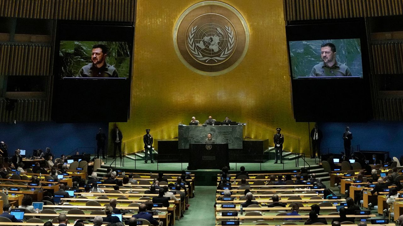 Ukraine's President Volodymyr Zelensky addresses the 78th session of the United Nations General Assembly, on September 19.