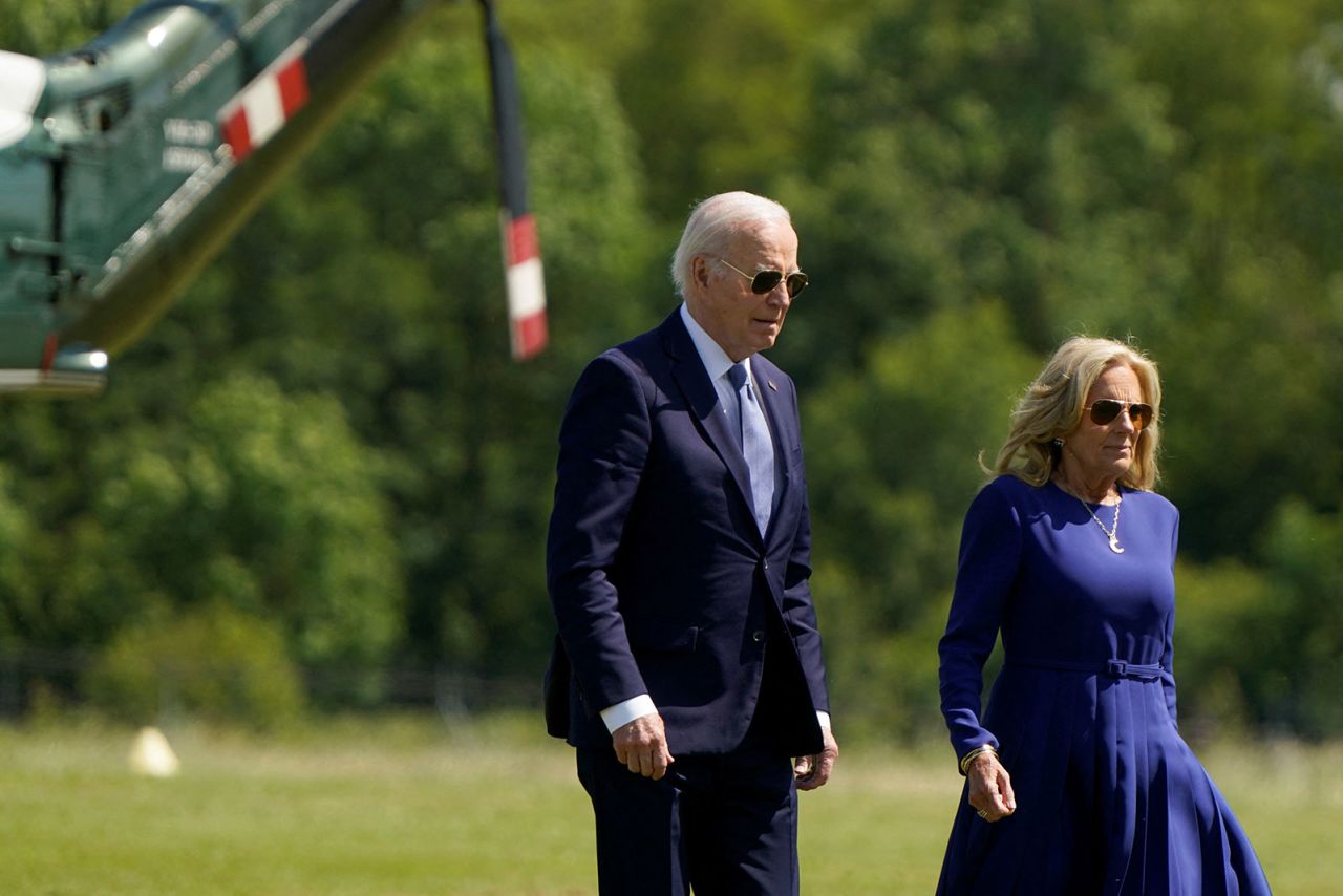 President Joe Biden and first lady Jill Biden arrive onboard Marine One at Chateau-Thierry - Belleau Aerodrome, Chateau-Thierry, France, on June 9.