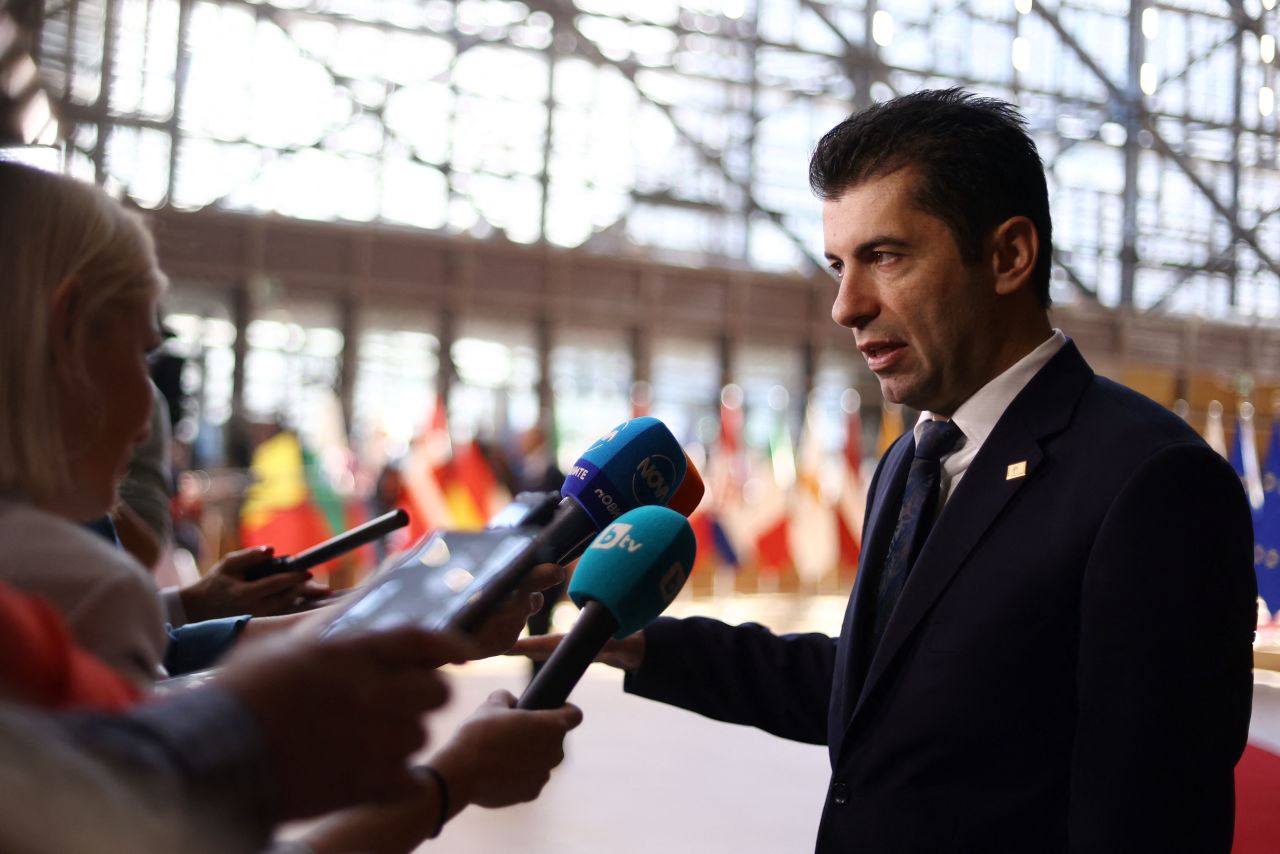 Bulgaria's Prime Minister Kiril Petkov speaks to the press in Brussels, on May 31. 