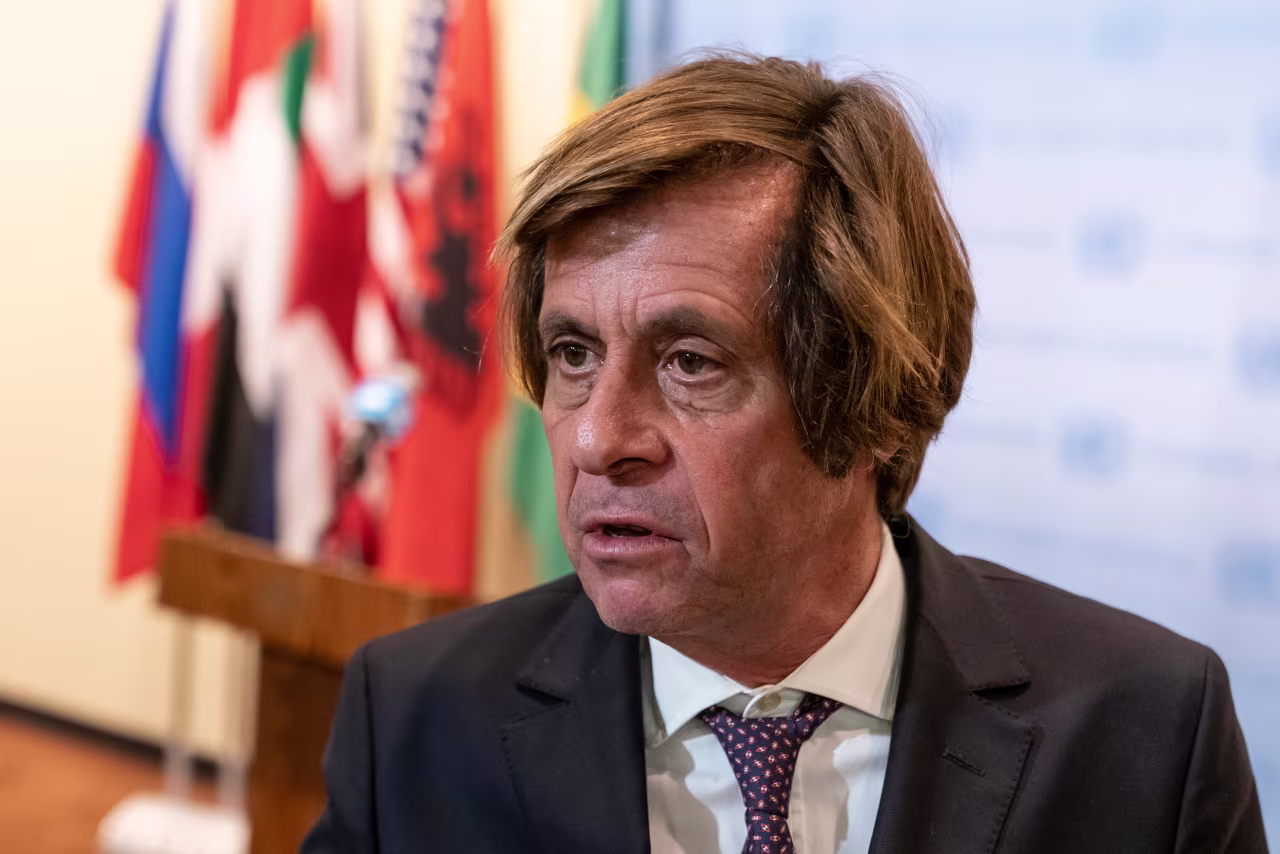Nicolas de Rivière speaks to press at UN Headquarters in New York on November 6, 2023.