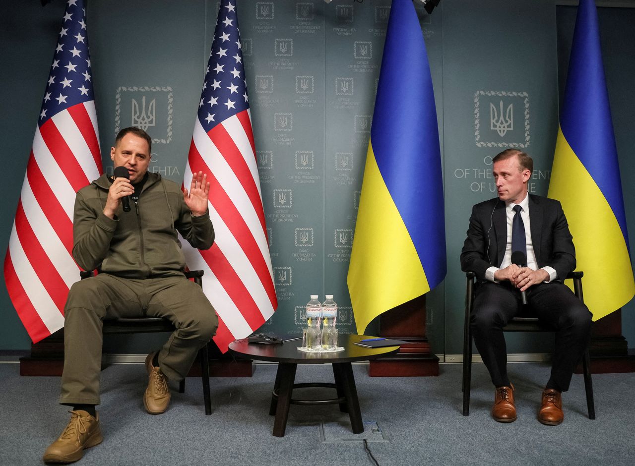 U.S White House National Security Advisor?Jake?Sullivan, right,?and Head of Ukraine's Presidential Office Andriy Yermak attend a news briefing, amid Russia's attack on Ukraine, in Kyiv, Ukraine, on November 4.