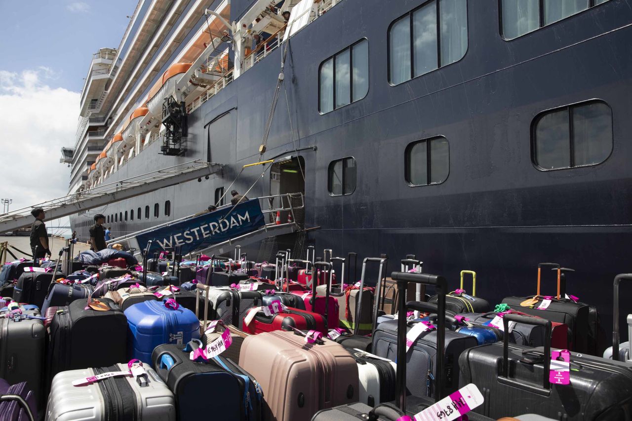 Luggage is prepared as some passengers disembark the MS Westerdam cruise ship docked in Sihanoukville, Cambodia on February 14.