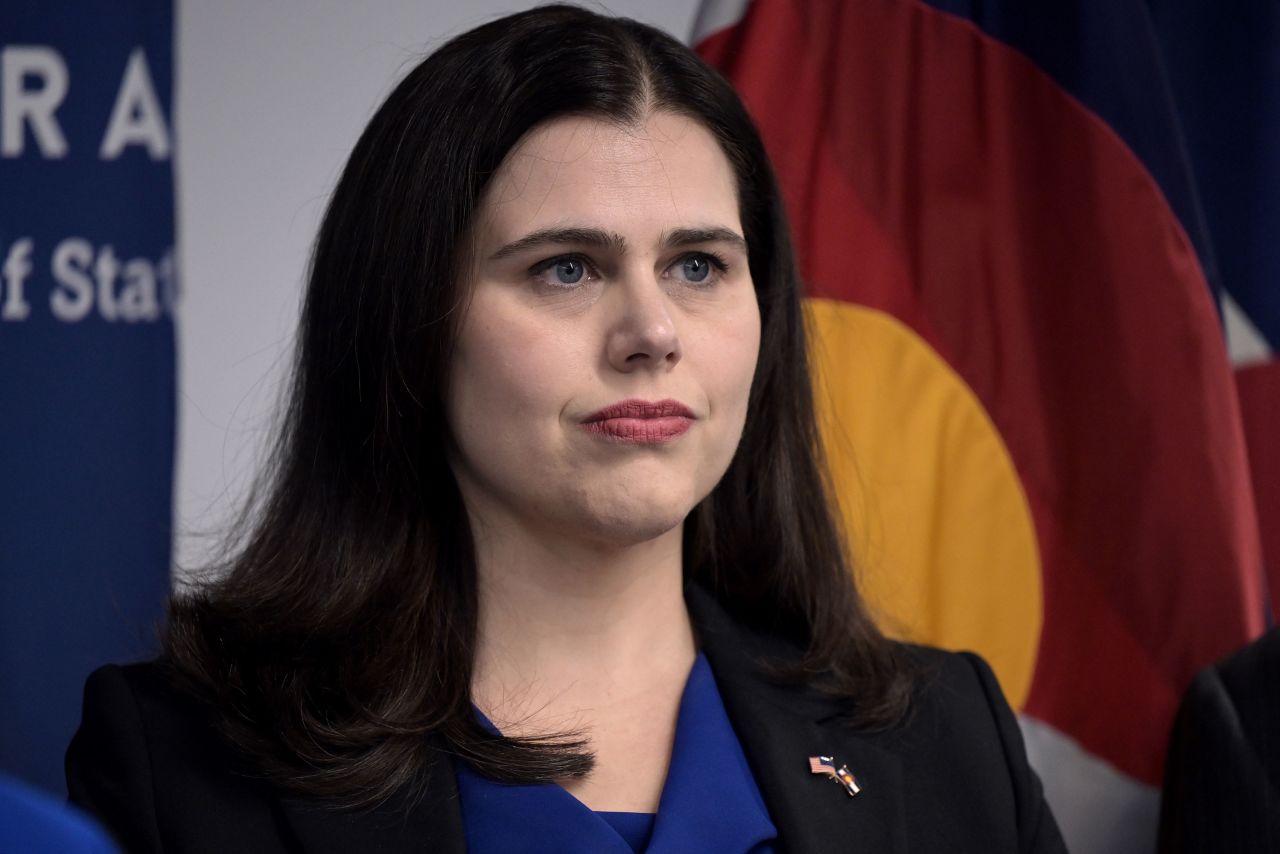 Colorado Secretary of State Jena Griswold attends a press conference in Denver on January 25.