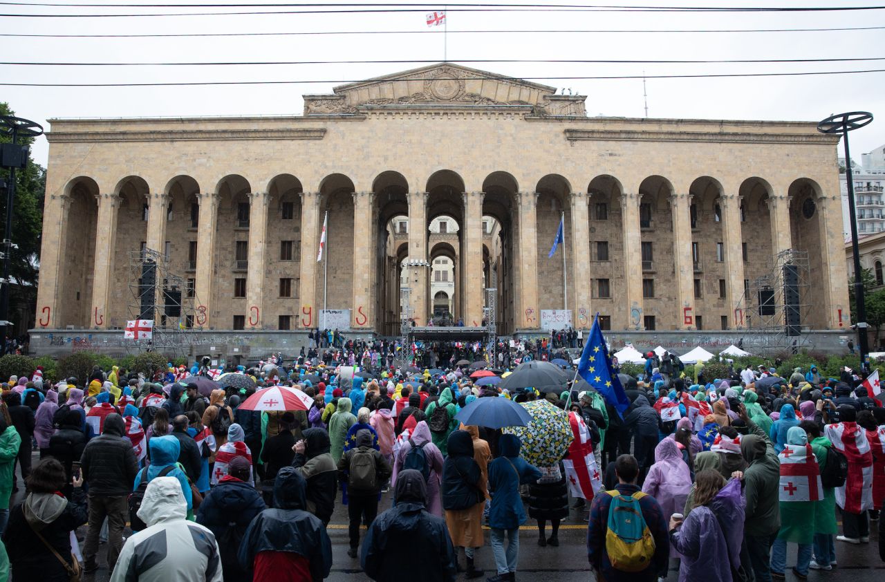 Protesters during an opposition rally against the foreign agent bill outside the Georgian parliament in Tbilisi, Georgia, on Tuesday. 