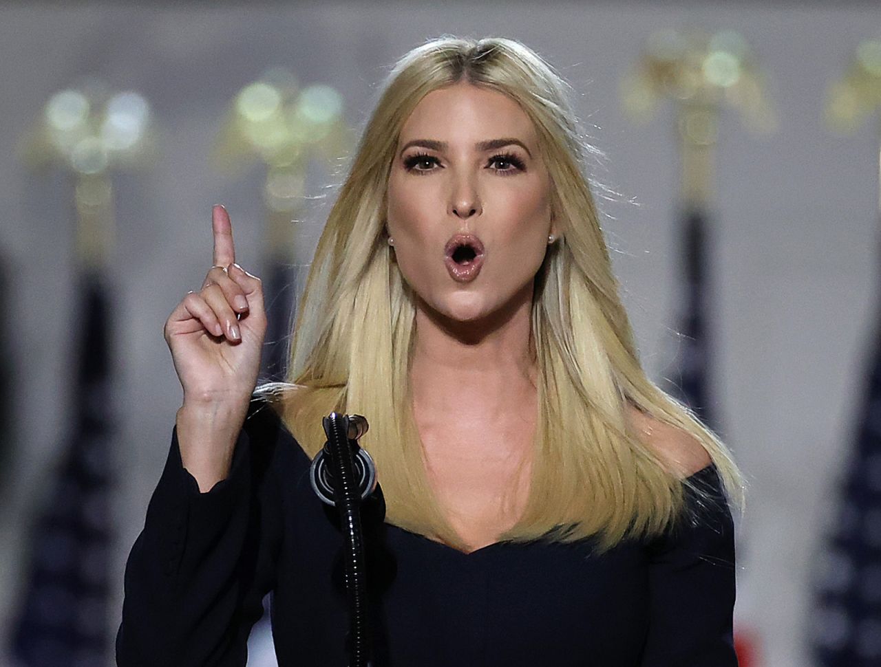Ivanka Trump, daughter of President Donald Trump and White House senior adviser, addresses attendees as Trump prepares to deliver his acceptance speech for the Republican presidential nomination on the South Lawn of the White House on August 27 in Washington.