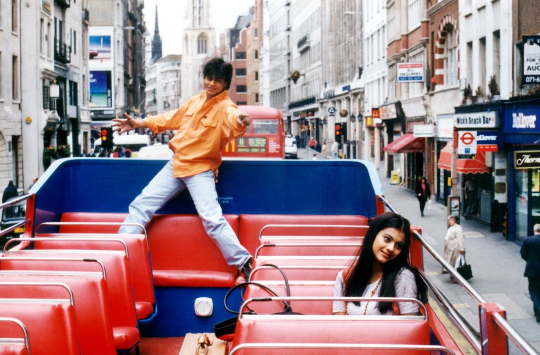 Raj (Shah Rukh Khan) and Simran (Kajol) on a London bus in a scene from