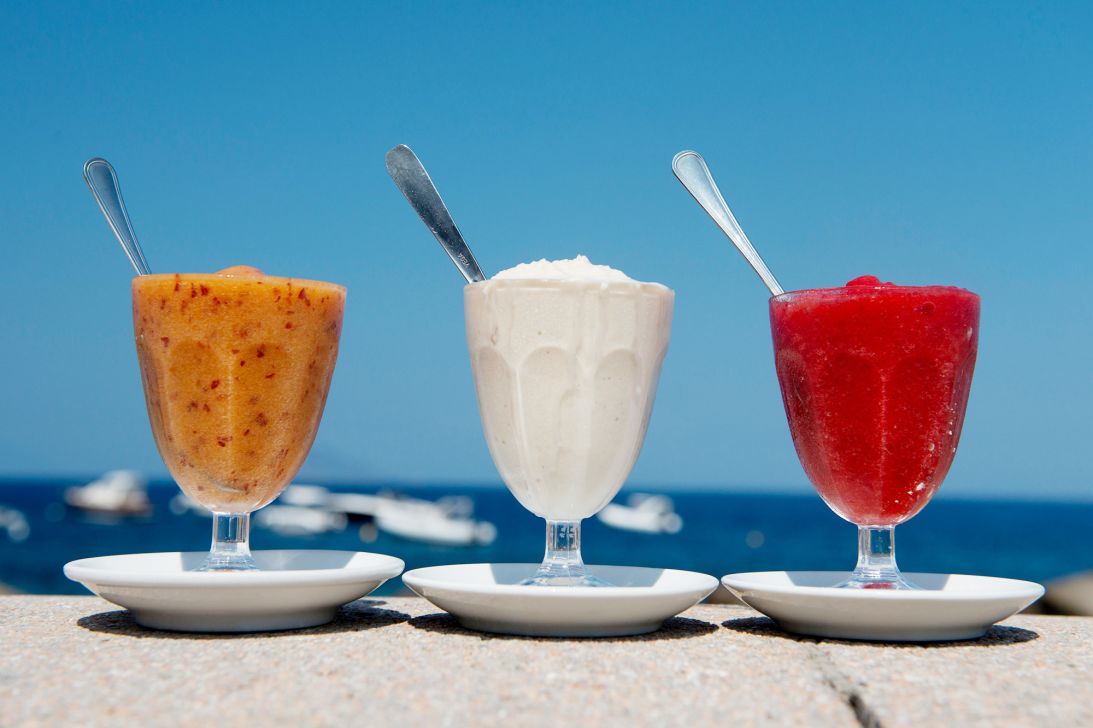 Even if you struggle to get ice in Europe, there are other ways to cool down. Pictured here peach, almond and strawberry granita from da Alfredo in Lingua, Salina Island, part of the Aeolian Islands in Messina, Sicily, Italy.