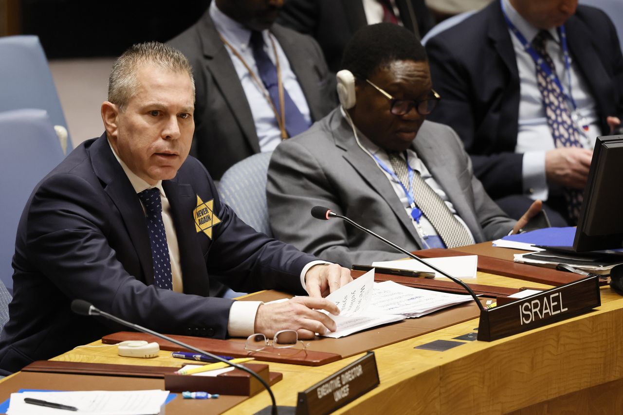 Israeli United Nations Ambassador Gilad Erdan speaks during a Security Council meeting on the Israel-Hamas war at U.N. headquarters, New York, on October 30.