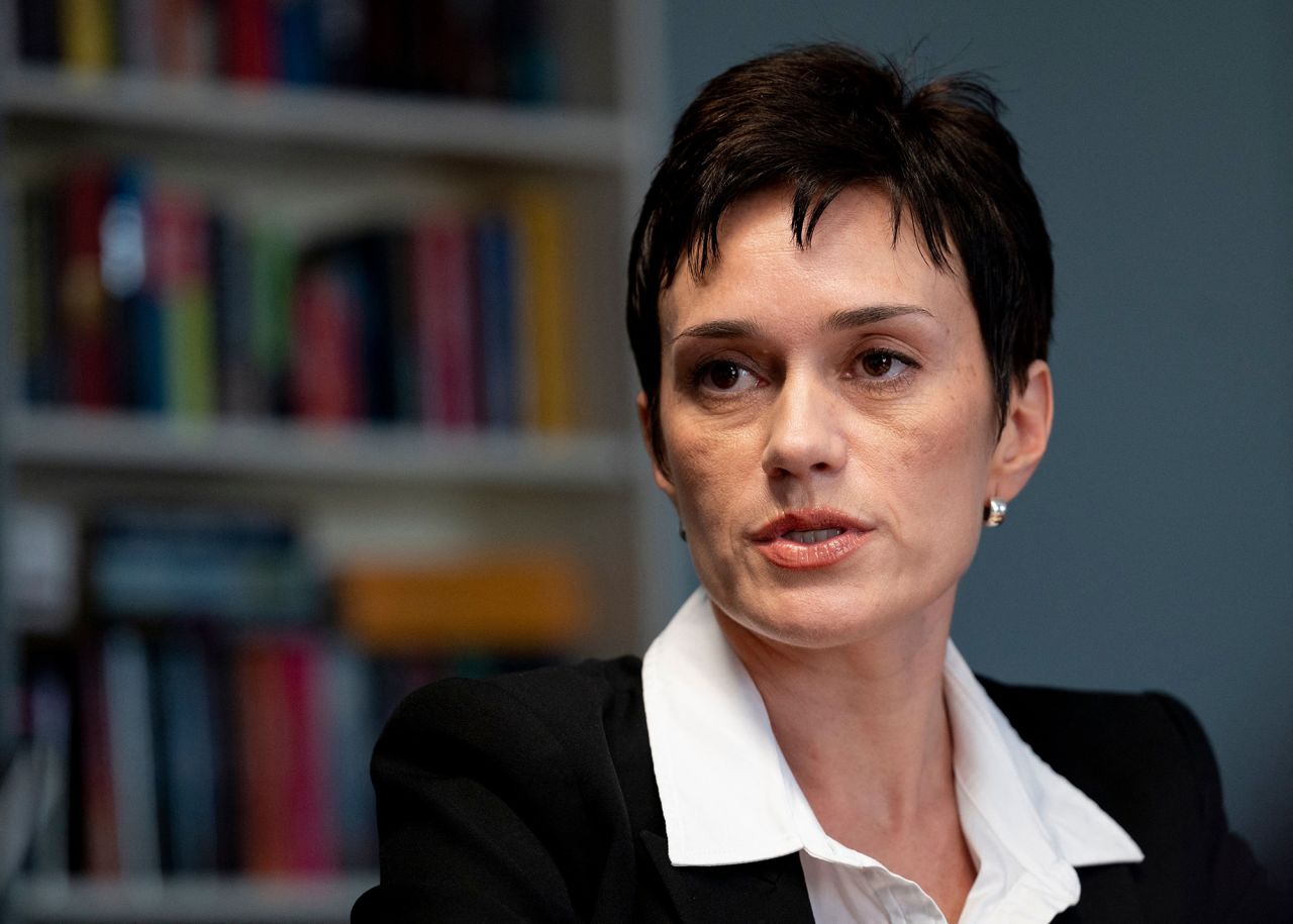 Evgenia Kara-Murza speaks to journalists in Vienna, Austria, on September 20.