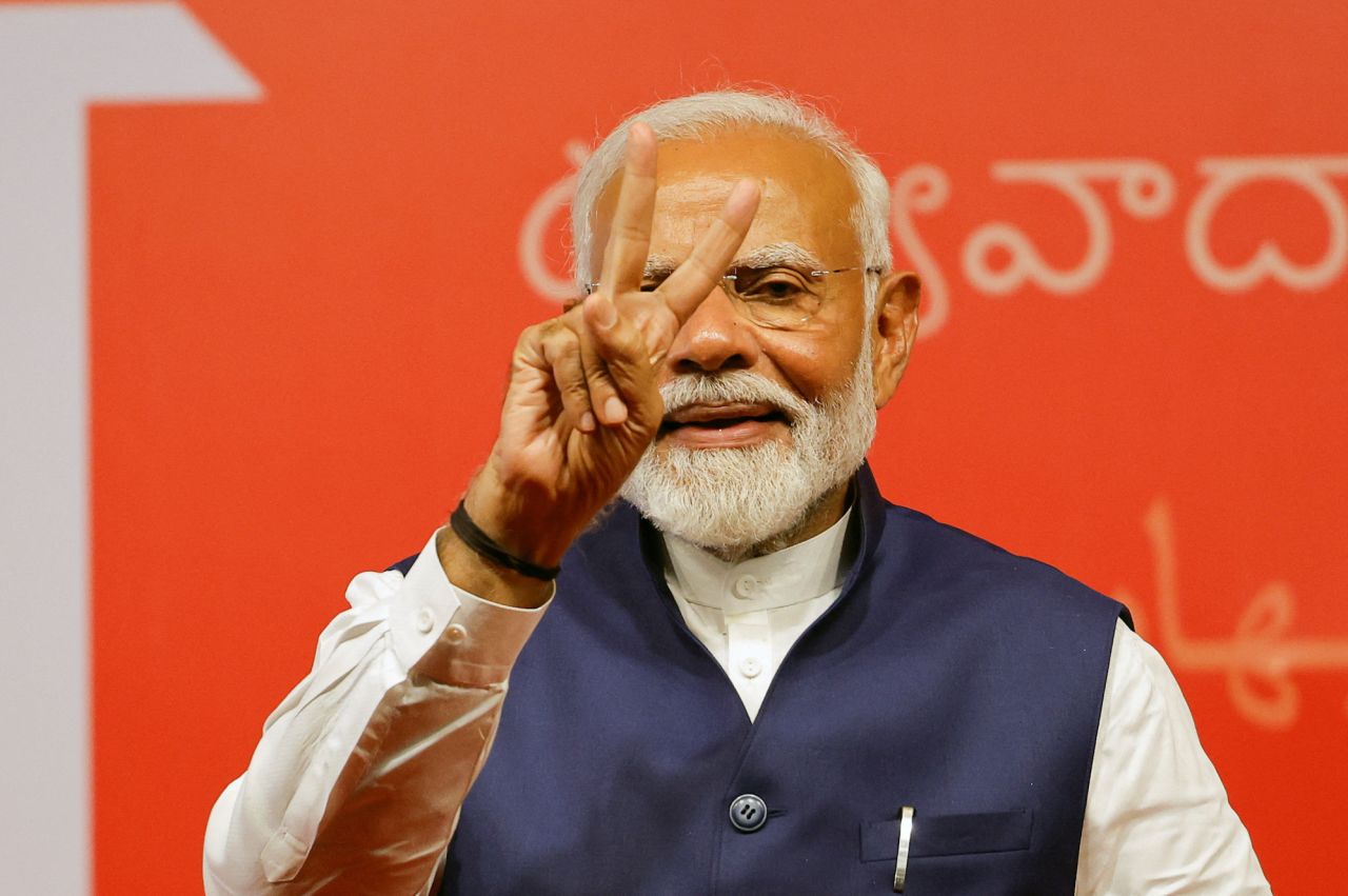 Indian Prime Minister Narendra Modi gestures at the BJP headquarters in New Delhi.