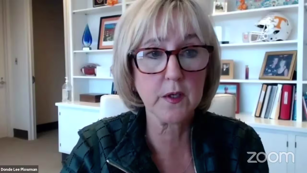 University of Tennessee Chancellor Donde Plowman gives a Covid-19 update via a Zoom call on Tuesday.