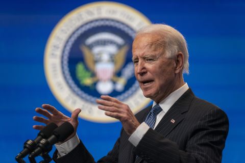 President Joe Biden speaks during an event on American manufacturing, in the South Court Auditorium on the White House complex on Monday, January 25, in Washington.