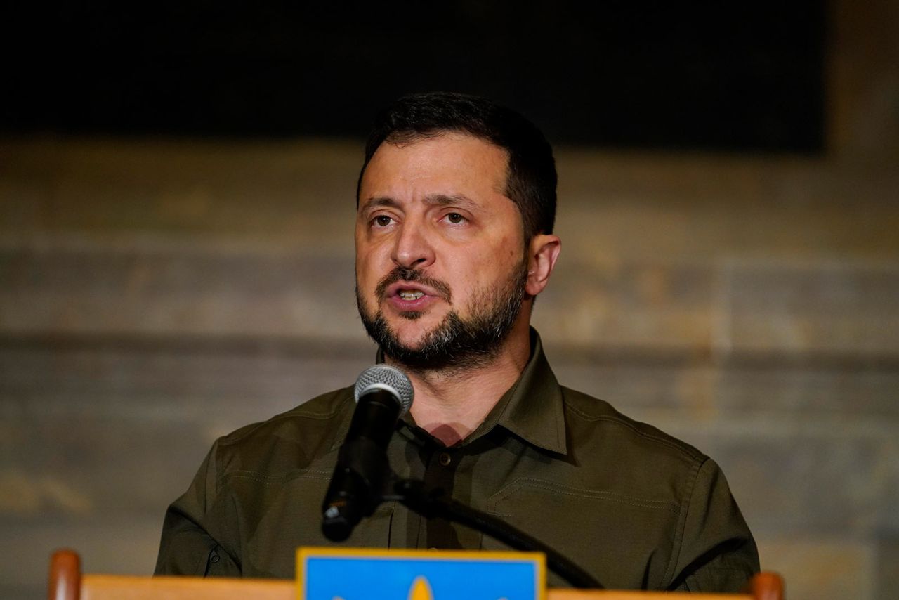 Ukrainian President Volodymyr Zelensky speaks at the National Archives in Washington, DC, on Thursday, September 21, 2023.