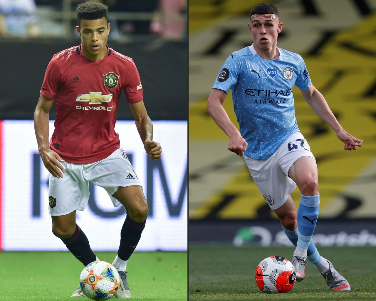 This combination of pictures shows Manchester United's Mason Greenwood, left, and Manchester City's English midfielder Phil Foden. 