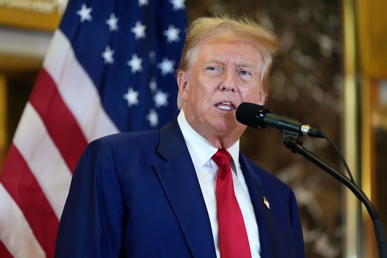 Former President Donald Trump speaks at Trump Tower on Friday.