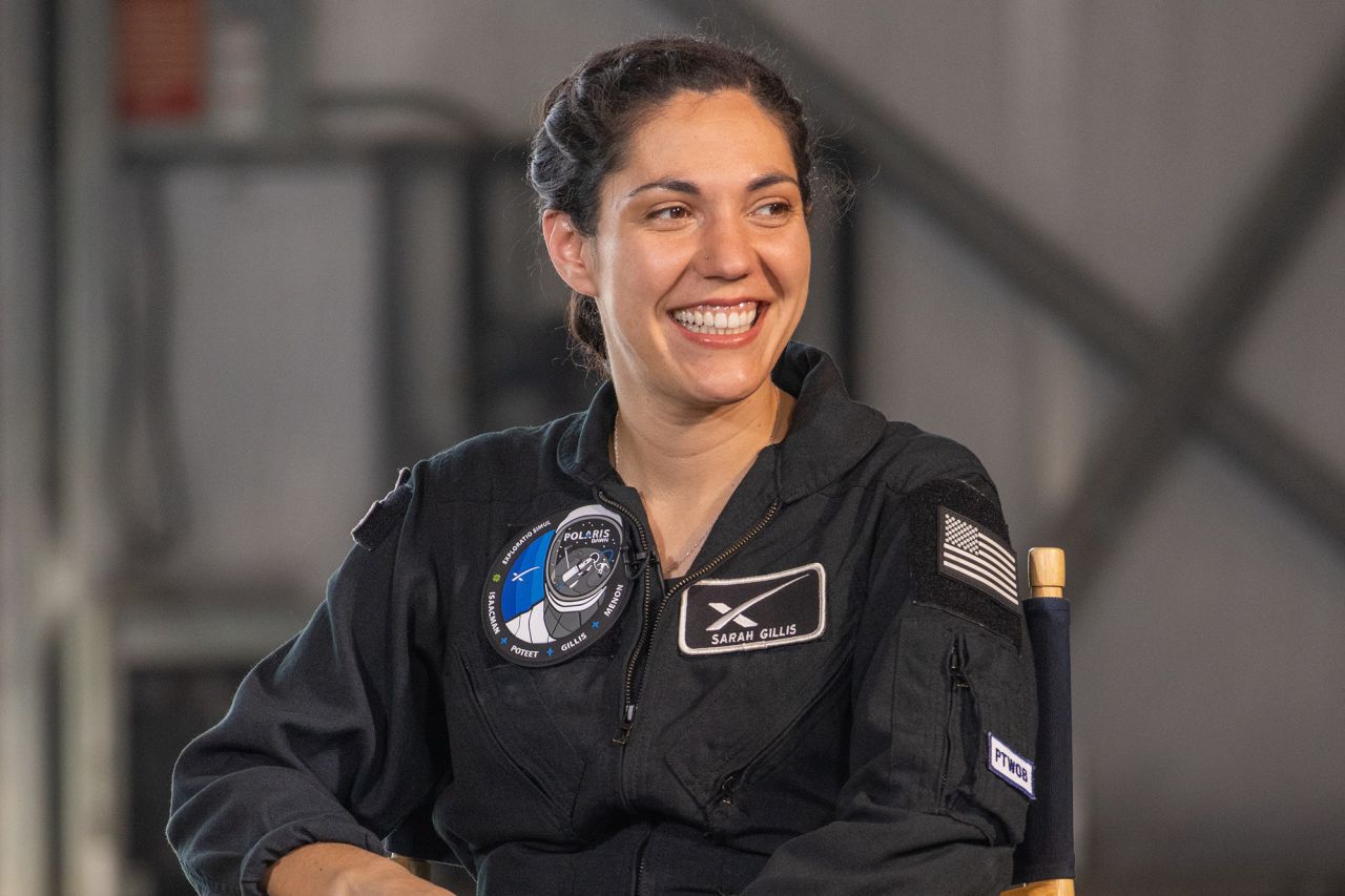 Sarah Gillis attends a Polaris Dawn mission overview briefing at Kennedy Space Center in Cape Canaveral, Florida, in August 2024.