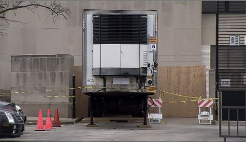A efrigerated trailer outside the medical examiner's office in Chicago, Illinois.