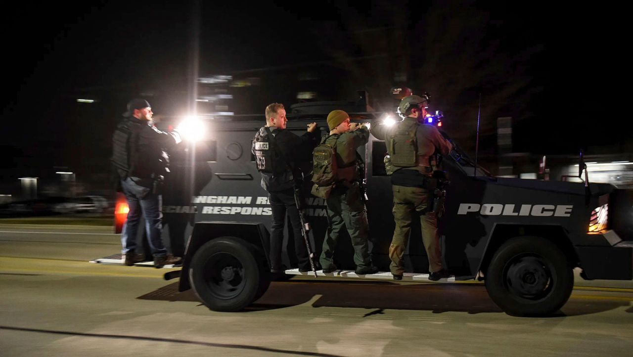 First responders arrive on the scene at Michigan State University in East Lansing on February 13. 