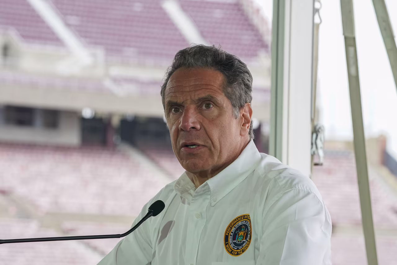 New York Governor Andrew Cuomo speaks at a press conference at the Theater at Jones Beach in Long Island on May 24. Cuomo’s office criticized Dublin Deck Tiki Bar and Grill for allegedly easing restrictions on masks and social distancing for its customers because of rainy weather on Friday.