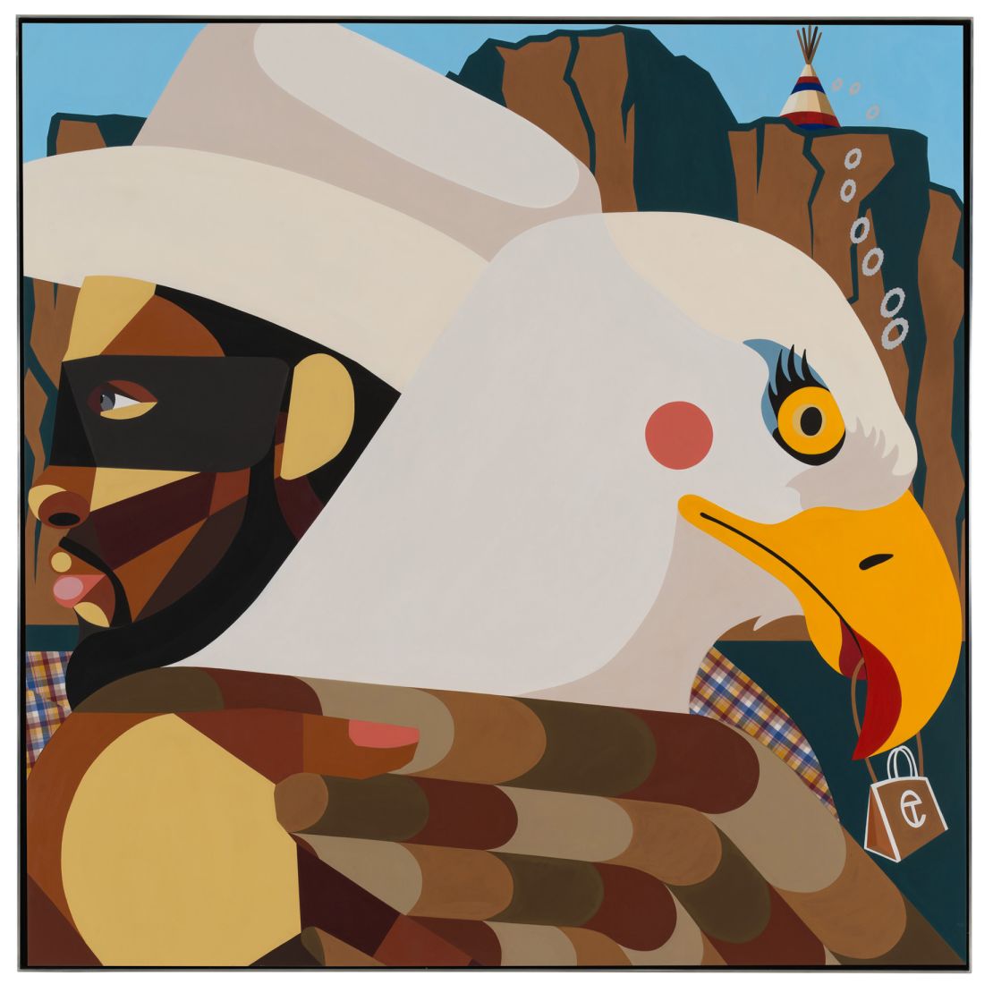 "Getting the Bag" (2024) shows a Black cowboy embracing an eagle, holding a Telfar bag. Historians believe that despite their lack of representation in media and art, one in four 20th century cowboys were Black.