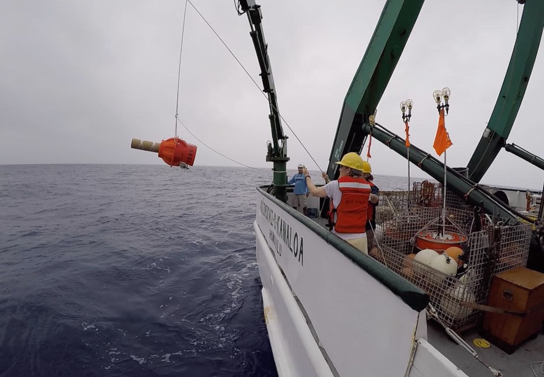 Científicos despliegan un flotador Argo cerca de Hawai en 2018. Los robots oceánicos se sumergen a kilómetros de profundidad en el océano para rastrear la temperatura, la salinidad y las corrientes, luego flotan de vuelta a la superficie y se conectan a los satélites para transmitir los datos.