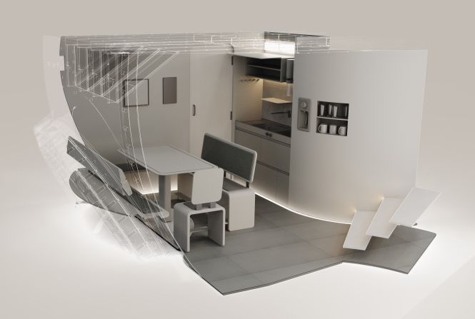 This render shows the typical layout of the galley and dining area within Sentinel.