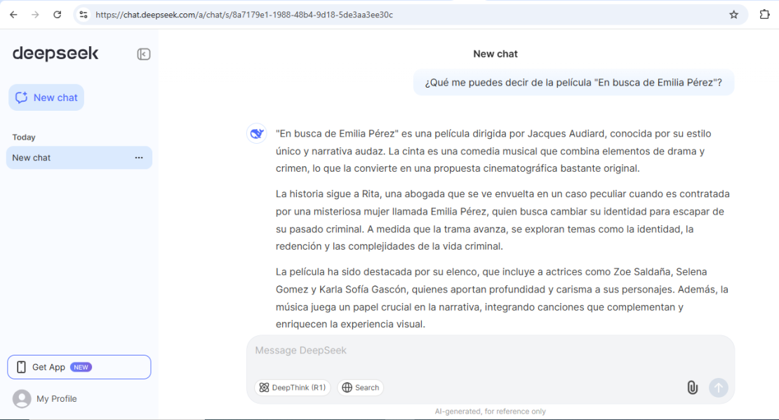 La respuesta de DeepSeek sobre la película "Emilia Pérez" se centra en una sinopsis y en elementos poco detallados del filme.