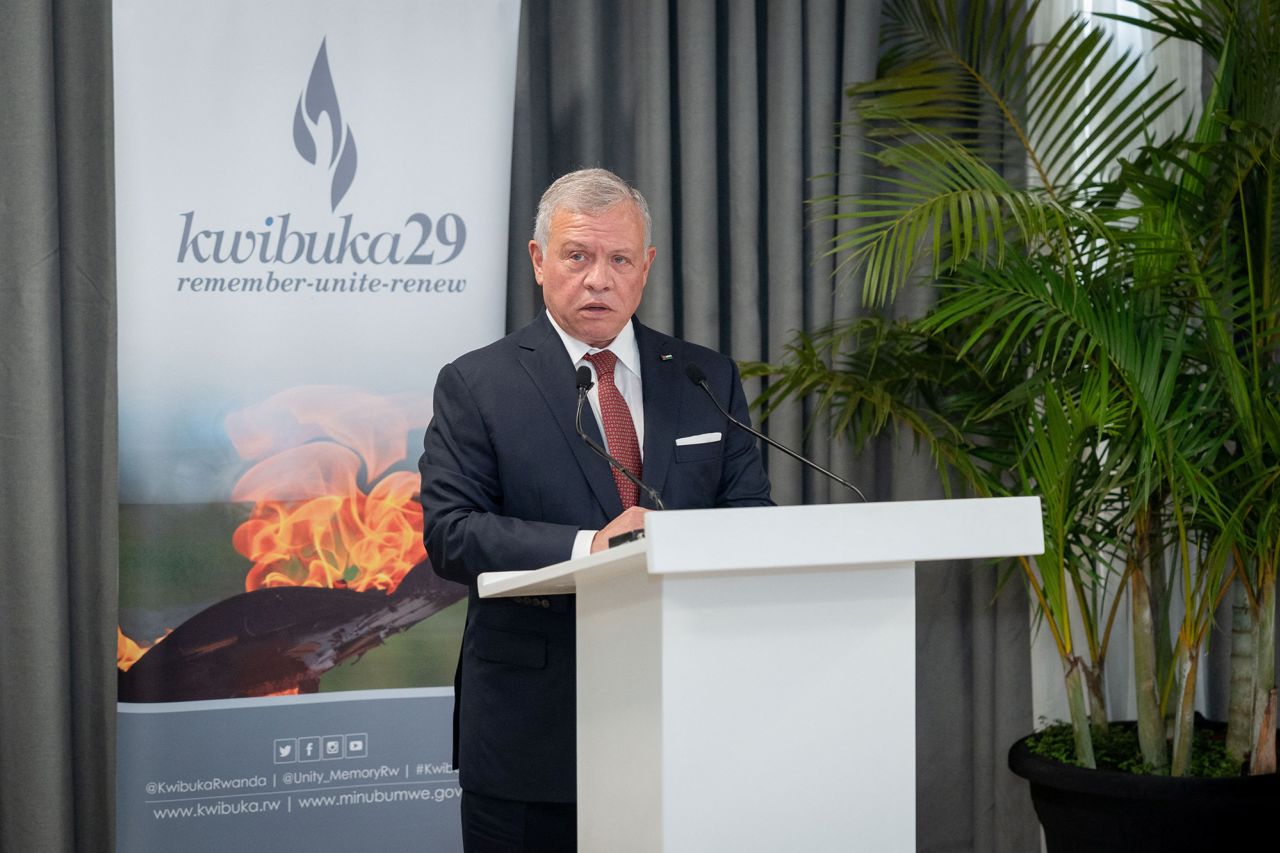 Jordan's King Abdullah II speaks during his visit to the Kigali Genocide Memorial in Kigali, Rwanda, in this handout picture released on January 8.