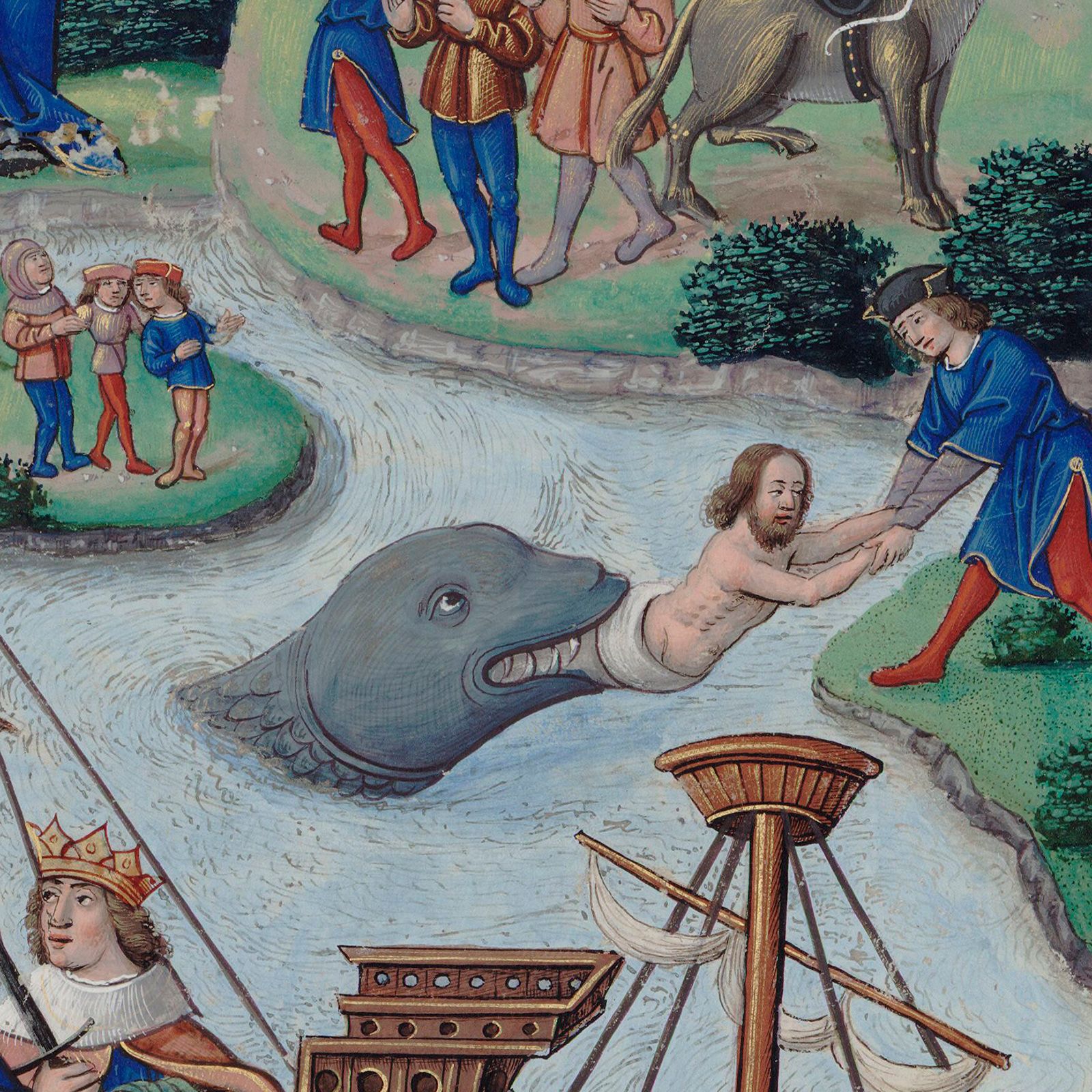 "Well, one of us is going to have to let him go," Swarthout writes of this detail from a early 16th-century manuscript, showing Jonah and the big fish who just can't quit him.