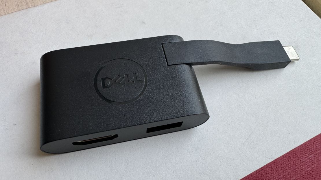 The Dell XPS 14’s included USB-C hub, showing its HDMI and USB-A port.