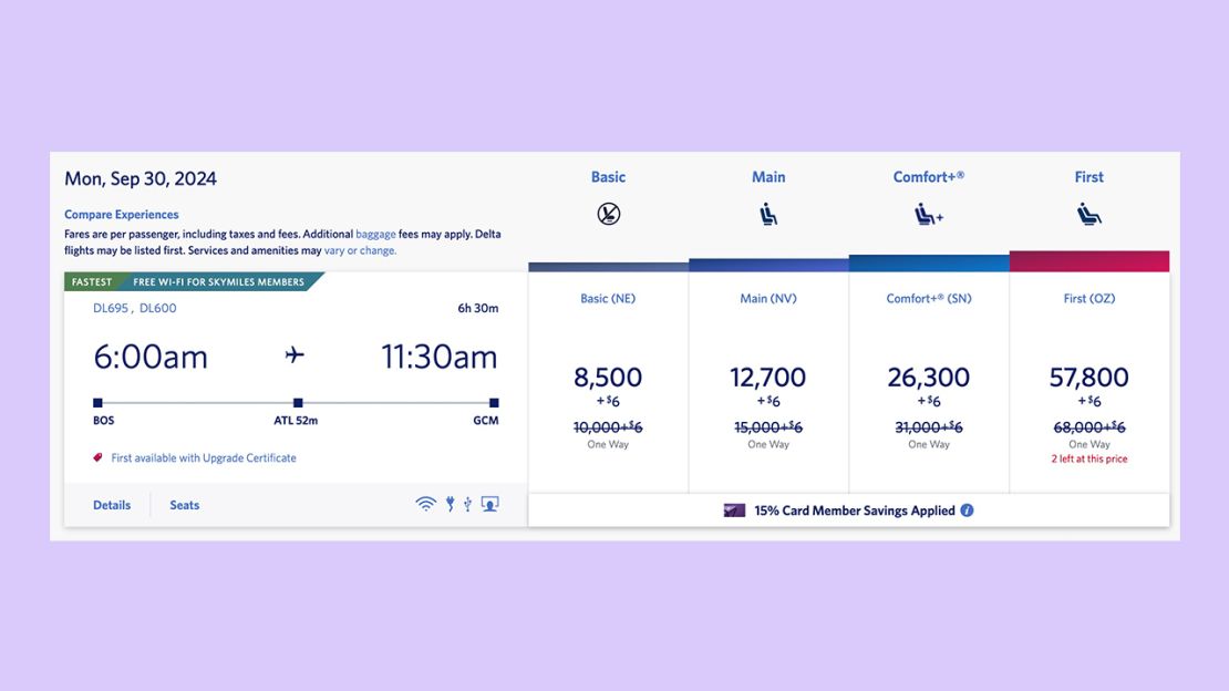 A screenshot of a Delta award itinerary from Boston to Grand Cayman via Atlanta