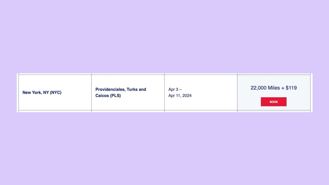 A screenshot of an award flight from New York to Providenciales on the Delta flight deals page