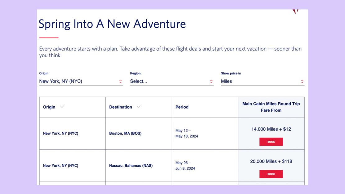 A screenshot of the Delta flight deals page