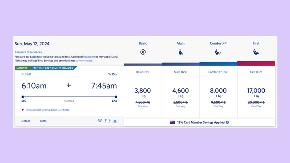 A screenshot of a Delta award itinerary from San Francisco to Los Angeles