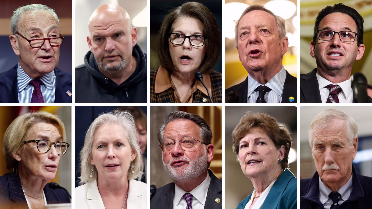 From left to right, first row, Sens. Chuck Schumer, John Fetterman, Catherine Cortez Masto, Dick Durbin and Brian Schatz. From left to right, second row, Sens. Maggie Hassan, Kirsten Gillibrand, Gary Peters, Jeanne Shaheen and Angus King.