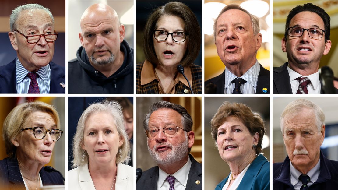 Lawmakers who crossed party lines to advance the spending bill, from left to right, first row, Sens. Chuck Schumer, John Fetterman, Catherine Cortez Masto, Dick Durbin and Brian Schatz. From left to right, second row, Sens. Maggie Hassan, Kristen Gillibrand, Gary Peters, Jeanne Shaheen and Angus King.