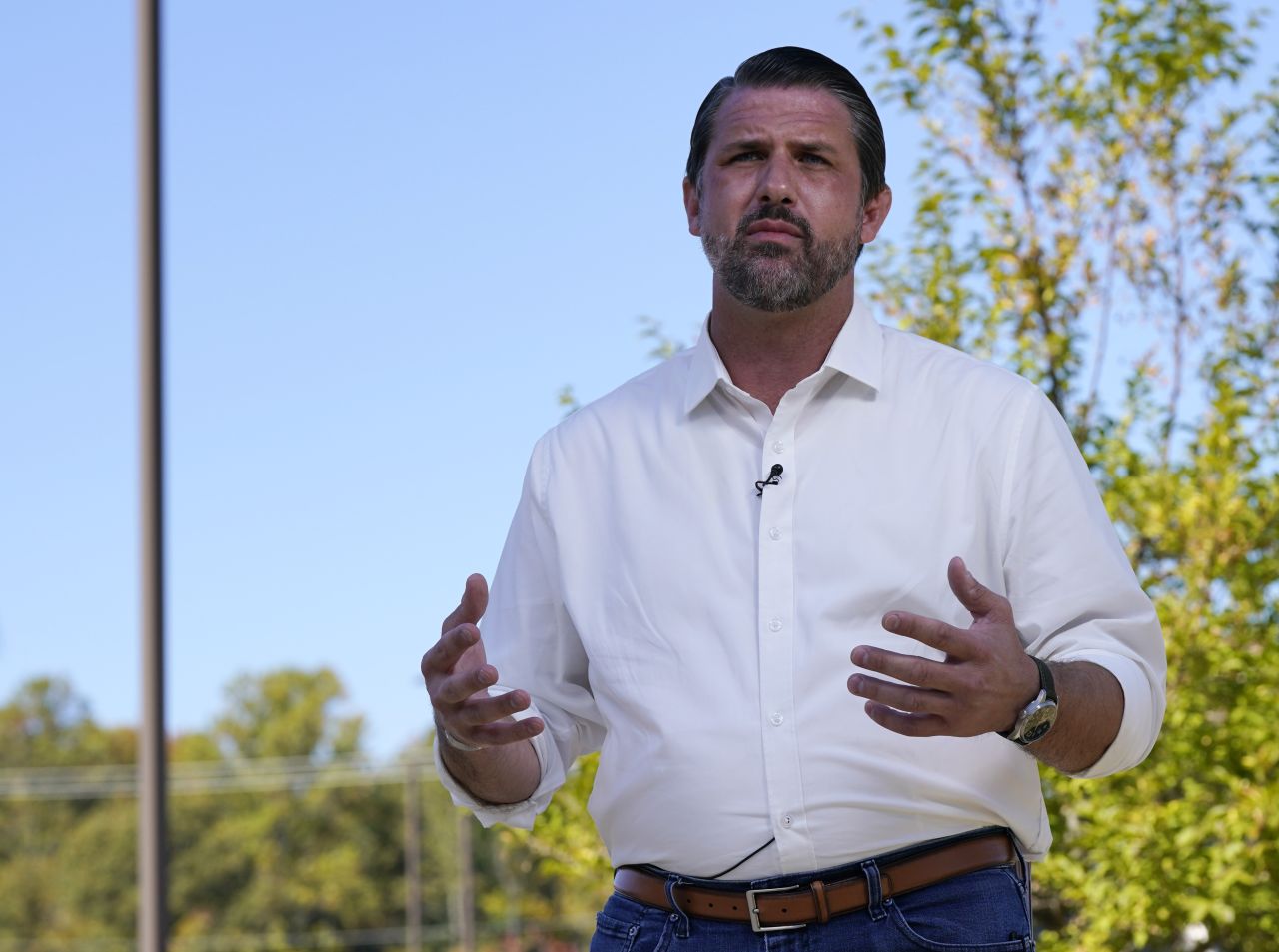 Republican congressional candidate for Virginia’s 7th District Derrick Anderson gestures during an interview at an early voting station in Stafford, Virginia, on October 23.