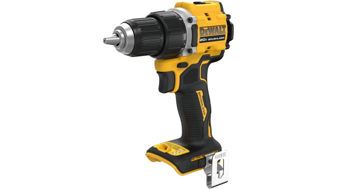 Dewalt drill placed against white background.
