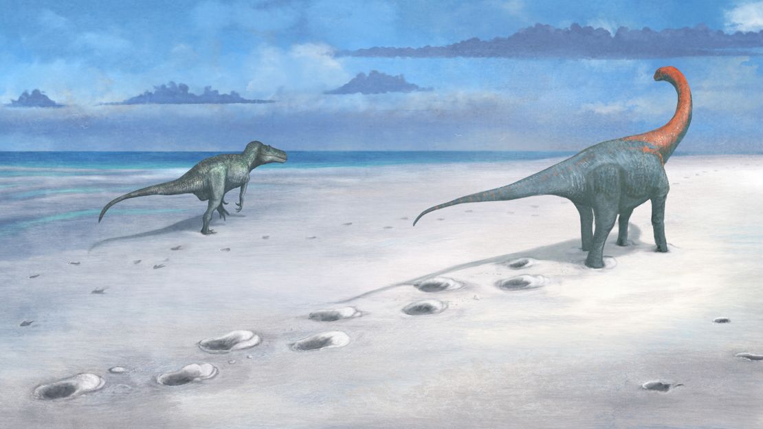 Een kunstenaar uit Dewars Farm tekende een afbeelding van de Megalosaurus (links) en Cetiosaurus (rechts) zoals voorgesteld tijdens de Midden-Juraperiode in wat nu Oxfordshire, Engeland is.