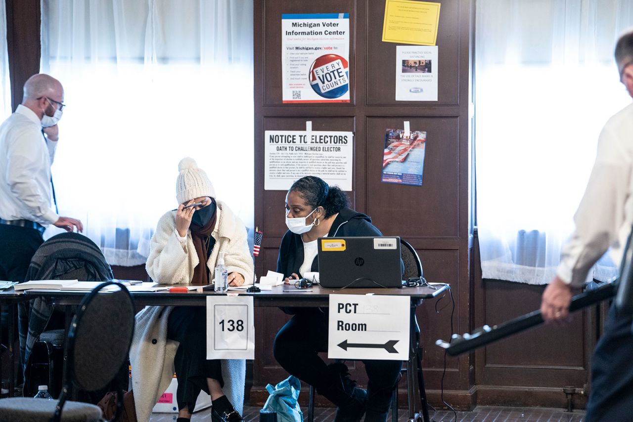 Election workers staff a polling location on November 8, n Detroit. 