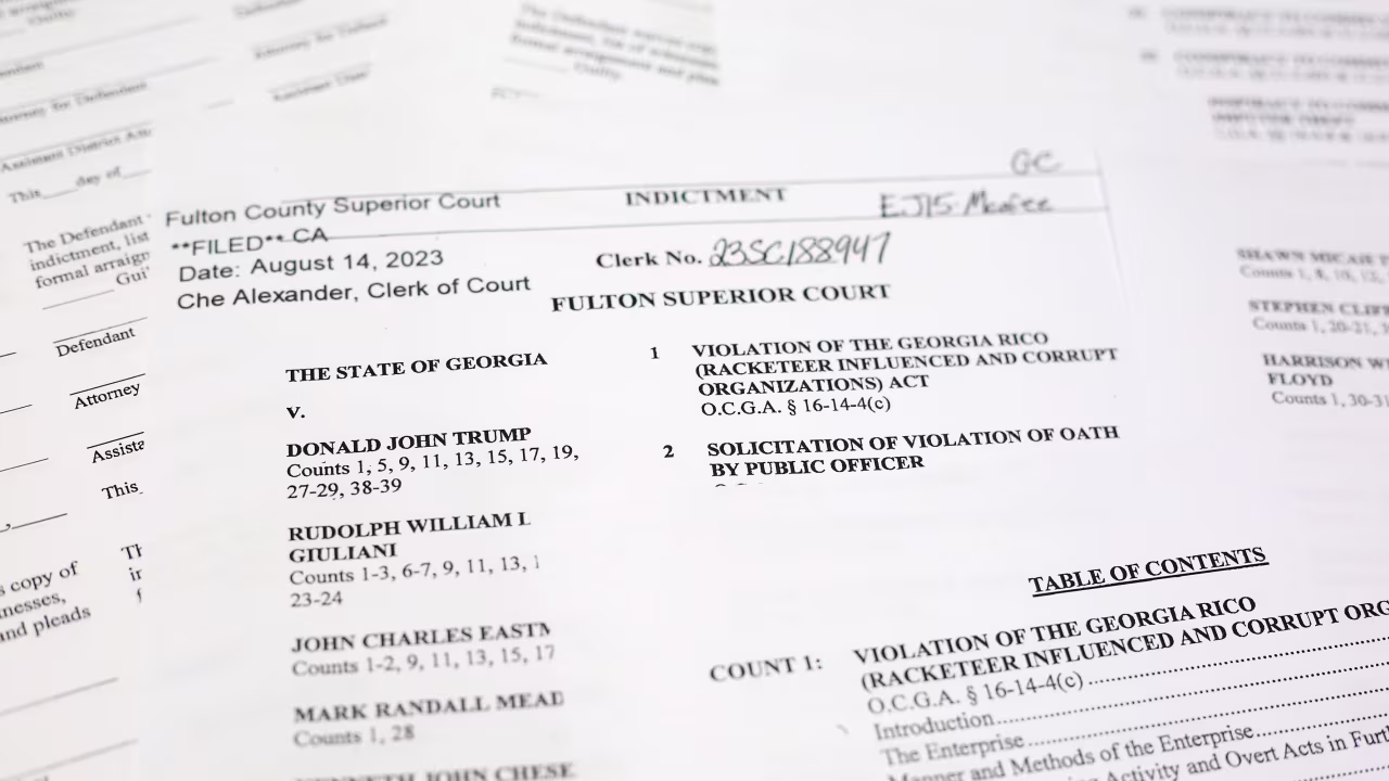 The indictment in Georgia against former President Donald Trump is photographed on Monday, Aug. 14, 2023.